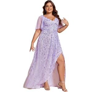 imageEverPretty Womens Plus Size Gorgeous A Line Sequin Embroidered Formal Evening Dress with Sleeves 02083DALavender