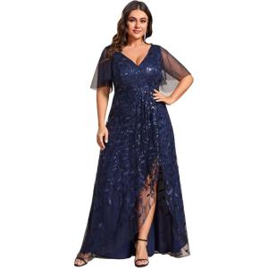 imageEverPretty Womens Plus Size Gorgeous A Line Sequin Embroidered Formal Evening Dress with Sleeves 02083DANavy Blue