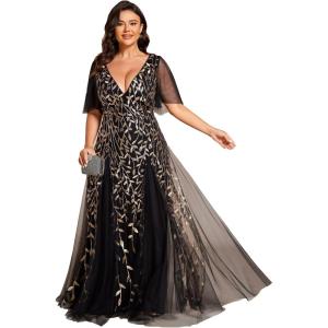 imageEverPretty Womens Plus Size VNeck Sequin Emboridery Formal Evening Dresses with Sleeves 00736DABlack Gold