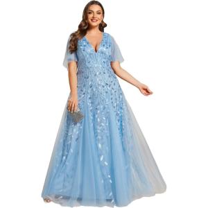 imageEverPretty Womens Plus Size VNeck Sequin Emboridery Formal Evening Dresses with Sleeves 00736DABlue