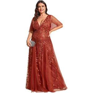 imageEverPretty Womens Plus Size VNeck Sequin Emboridery Formal Evening Dresses with Sleeves 00736DABurnt Orange