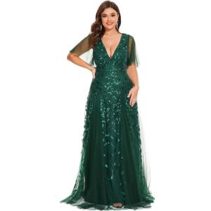 imageEverPretty Womens Plus Size VNeck Sequin Emboridery Formal Evening Dresses with Sleeves 00736DADark Green