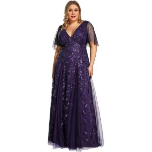 imageEverPretty Womens Plus Size VNeck Sequin Emboridery Formal Evening Dresses with Sleeves 00736DADeep Purple