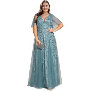 imageEverPretty Womens Plus Size VNeck Sequin Emboridery Formal Evening Dresses with Sleeves 00736DADusty Blue
