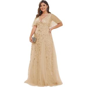 imageEverPretty Womens Plus Size VNeck Sequin Emboridery Formal Evening Dresses with Sleeves 00736DAGold