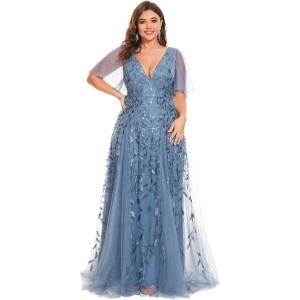 imageEverPretty Womens Plus Size VNeck Sequin Emboridery Formal Evening Dresses with Sleeves 00736DAHaze Blue