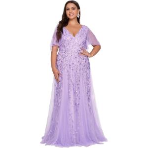 imageEverPretty Womens Plus Size VNeck Sequin Emboridery Formal Evening Dresses with Sleeves 00736DALavender