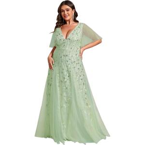 imageEverPretty Womens Plus Size VNeck Sequin Emboridery Formal Evening Dresses with Sleeves 00736DAMint Green