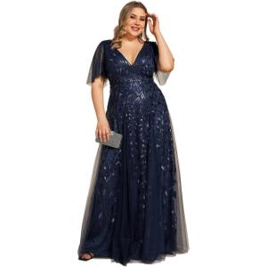 imageEverPretty Womens Plus Size VNeck Sequin Emboridery Formal Evening Dresses with Sleeves 00736DANavy Blue