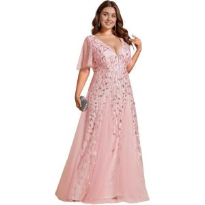 imageEverPretty Womens Plus Size VNeck Sequin Emboridery Formal Evening Dresses with Sleeves 00736DAPink