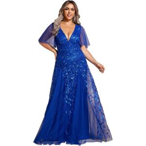 imageEverPretty Womens Plus Size VNeck Sequin Emboridery Formal Evening Dresses with Sleeves 00736DASapphire Blue