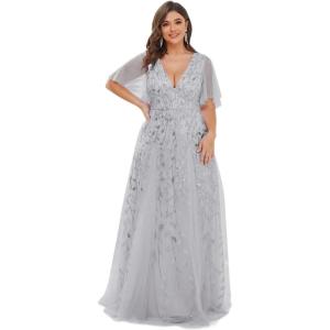 imageEverPretty Womens Plus Size VNeck Sequin Emboridery Formal Evening Dresses with Sleeves 00736DASilver