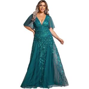 imageEverPretty Womens Plus Size VNeck Sequin Emboridery Formal Evening Dresses with Sleeves 00736DATeal