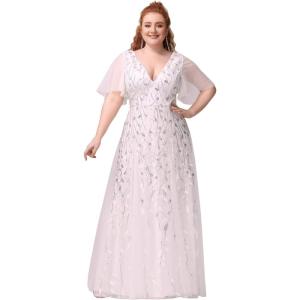 imageEverPretty Womens Plus Size VNeck Sequin Emboridery Formal Evening Dresses with Sleeves 00736DAWhite