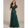 imageEverPretty Womens VNeck Sequin Embroidered Short Sleeve FloorLength ALine Empire Waist Evening Dresses 02314Dark Green