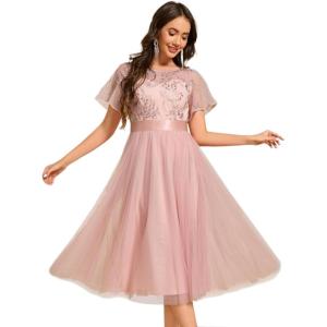 imageEverPretty Womens Round Neck Lace Embroidered Short Sleeve A Line TeaLength Cocktail Dress 02293Pink