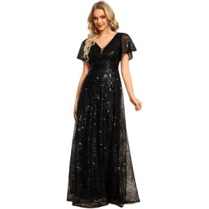 imageEverPretty Womens VNeck Sequin Embroidered Short Sleeve FloorLength ALine Empire Waist Evening Dresses 02314Black