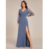 imageEverPretty Womens Elegant V Neck Floral Sheer Long Sleeves Slit Chiffon Maxi Evening Dresses 02251Dusty Blue