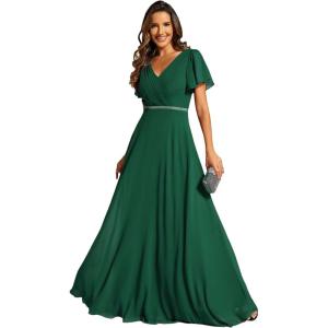 imageEverPretty Womens Chiffon Formal Dress ALine V Neck Ruffle Sleeves Floor Length Evening Gown 11981Dark Green