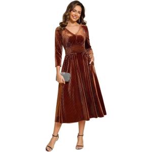 imageEverPretty Womens Classic Velvet VNeck Elastic Waist A Line Long Sleeves Wedding Guest Dresses with Pocket 02311Caramel