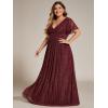 imageEverPretty Womens A Line V Neck Glitter Short Sleeves Pleated Plus Size Formal Evening Dresses 11961DABurgundy