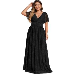 imageEverPretty Womens A Line V Neck Glitter Short Sleeves Pleated Plus Size Formal Evening Dresses 11961DABlack