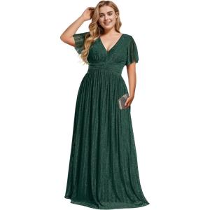 imageEverPretty Womens A Line V Neck Glitter Short Sleeves Pleated Plus Size Formal Evening Dresses 11961DADark Green