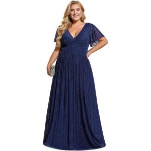 imageEverPretty Womens A Line V Neck Glitter Short Sleeves Pleated Plus Size Formal Evening Dresses 11961DANavy Blue