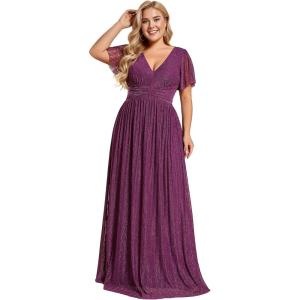 imageEverPretty Womens A Line V Neck Glitter Short Sleeves Pleated Plus Size Formal Evening Dresses 11961DAPurple Wisteria