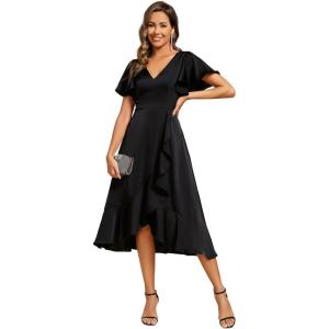imageEverPretty Womens V Neck Satin Short Sleeve A Line HiLo Midi Asymmetry Hem Bridesmaid Dress 02318Black