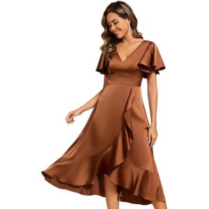 imageEverPretty Womens V Neck Satin Short Sleeve A Line HiLo Midi Asymmetry Hem Bridesmaid Dress 02318Brown