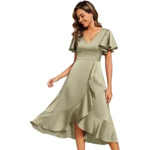 imageEverPretty Womens V Neck Satin Short Sleeve A Line HiLo Midi Asymmetry Hem Bridesmaid Dress 02318Sage Green