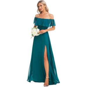 imageEverPretty Womens Elegant Off The Shoulder Side Split High Waist Flowy Chiffon Maxi Bridesmaid Dress 00968Teal