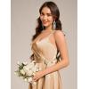 imageEverPretty Womens Sexy Spaghetti Straps Ruched V Neck Floor Length Satin Formal Dress with Slit 02317Champagne