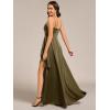 imageEverPretty Womens Sexy Spaghetti Straps Ruched V Neck Floor Length Satin Formal Dress with Slit 02317Olive Green