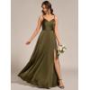 imageEverPretty Womens Sexy Spaghetti Straps Ruched V Neck Floor Length Satin Formal Dress with Slit 02317Olive Green
