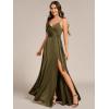 imageEverPretty Womens Sexy Spaghetti Straps Ruched V Neck Floor Length Satin Formal Dress with Slit 02317Olive Green