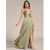 imageEverPretty Womens Sexy Spaghetti Straps Ruched V Neck Floor Length Satin Formal Dress with Slit 02317Sage Green