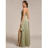 imageEverPretty Womens Sexy Spaghetti Straps Ruched V Neck Floor Length Satin Formal Dress with Slit 02317Sage Green