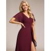 imageEverPretty Womens V Neck Ruffles Short Sleeve Floor Length Pleated Chiffon Floor Length Formal Dress 0050PHBurgundy