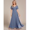 imageEverPretty Womens V Neck Ruffles Short Sleeve Floor Length Pleated Chiffon Floor Length Formal Dress 0050PHDusty Blue