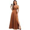 imageEverPretty Womens OffShoulder Floor Length Split A Line Bandage Satin Prom Dress with Pockets 02319Brown