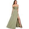 imageEverPretty Womens OffShoulder Floor Length Split A Line Bandage Satin Prom Dress with Pockets 02319Sage Green