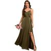 imageEverPretty Womens Sexy Spaghetti Straps Ruched V Neck Floor Length Satin Formal Dress with Slit 02317Olive Green