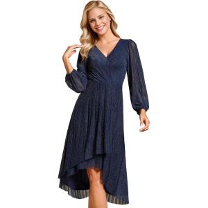 imageEverPretty Womens Classic Glitter V Neck Sheer Long Sleeves Midi Wedding Guest Dresses 02266PHNavy Blue