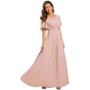 imageEverPretty Womens Classic Round Neck Pleated Short Sleeves Chiffon Appliques Floor Length A Line Evening Dresses 02960Pink
