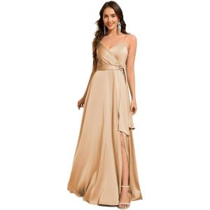 imageEverPretty Womens Sexy Spaghetti Straps Ruched V Neck Floor Length Satin Formal Dress with Slit 02317Champagne