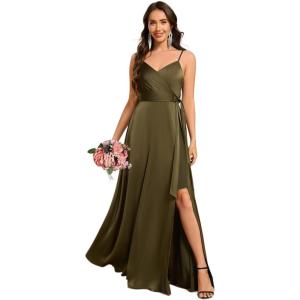 imageEverPretty Womens Sexy Spaghetti Straps Ruched V Neck Floor Length Satin Formal Dress with Slit 02317Olive Green