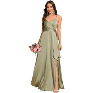 imageEverPretty Womens Sexy Spaghetti Straps Ruched V Neck Floor Length Satin Formal Dress with Slit 02317Sage Green
