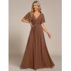 imageEverPretty Womens Chiffon ALine Ruched Short Sleeves Applique Waist V Neck Formal Dresses and Evening GownsBrown
